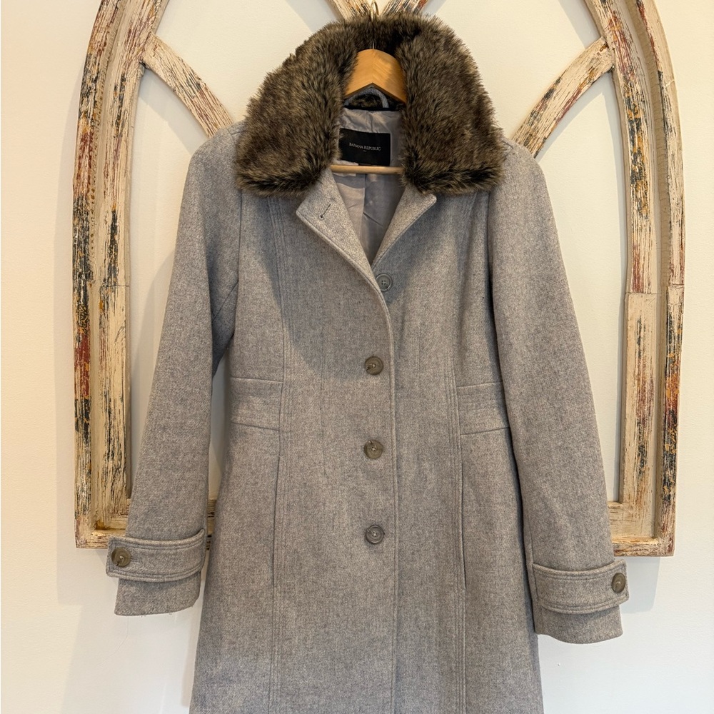 Banana Republic Gray Wool Blend Coat with Faux Fur Collar